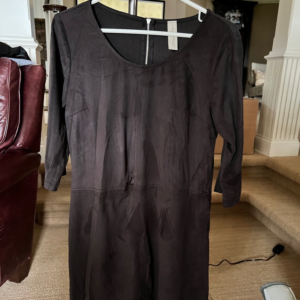 ¾ sleeve black suede dress